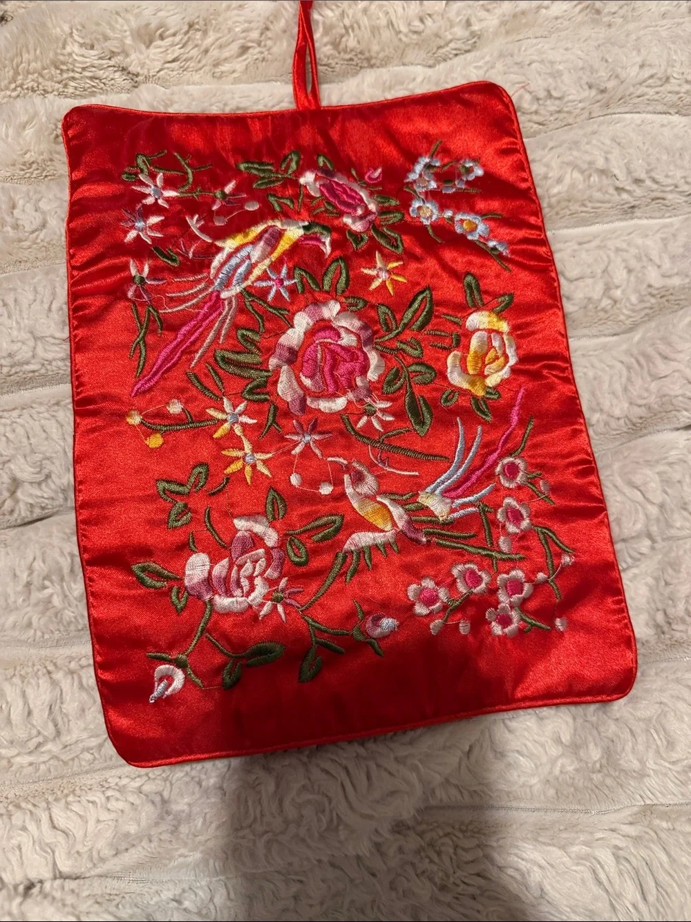 PurseN Red Satin Embroidered Floral Drawstring Pouch
